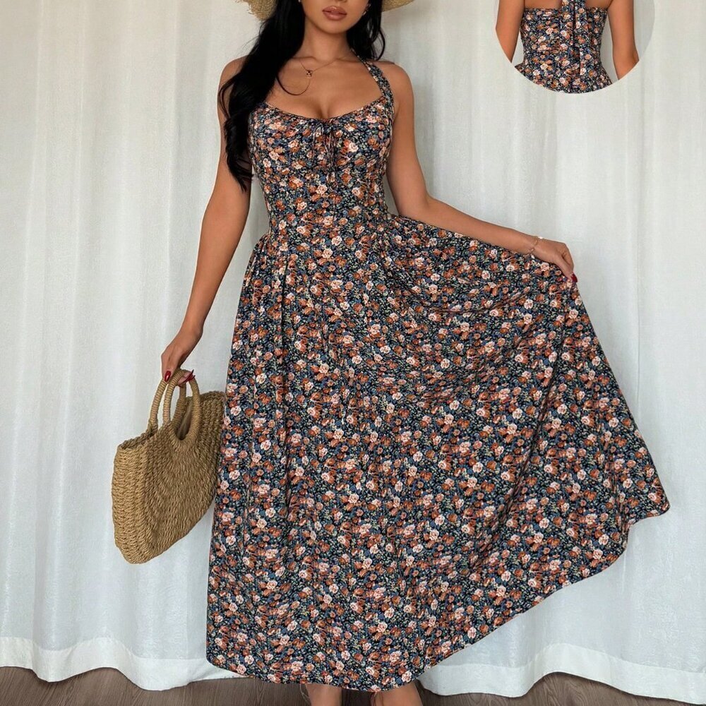 Multicolor Boho Womens Elegant A-Line V-Neck Cinched Waist Flared Hem Back Dress - Picture 3 of 7